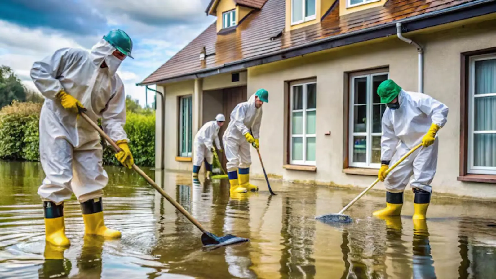 Restoration crew in white protective suits and yellow boots mopping floodwater outside a house